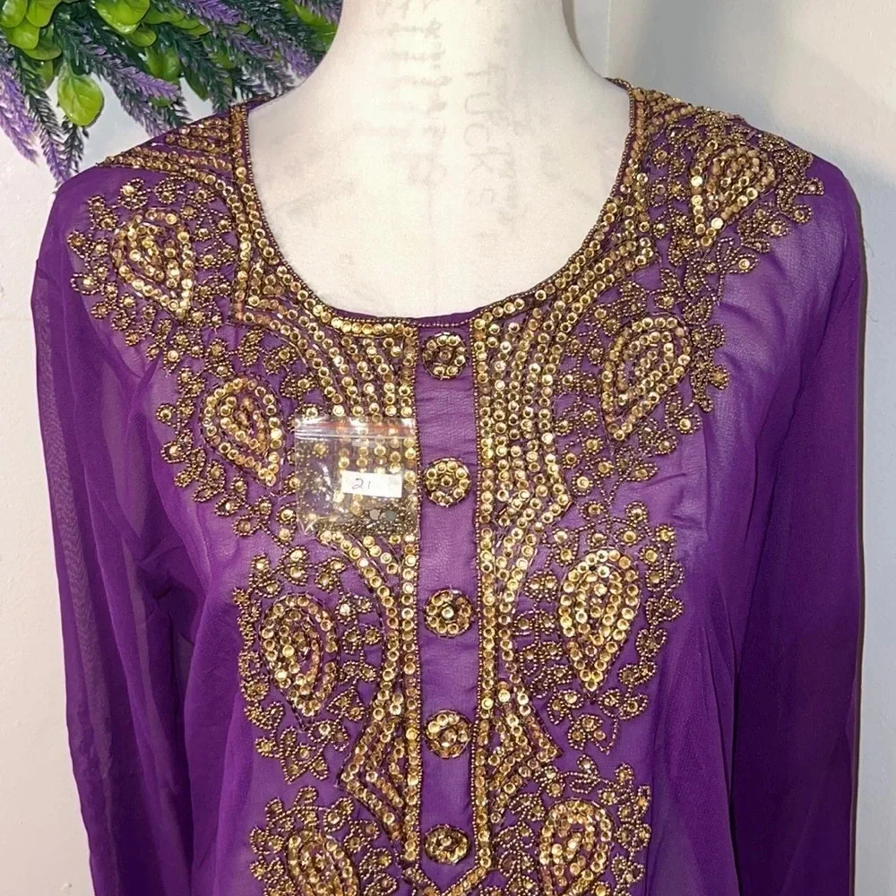 Abdul Majeed,L made in India jeweled embellished purple‎ sheer top/dress